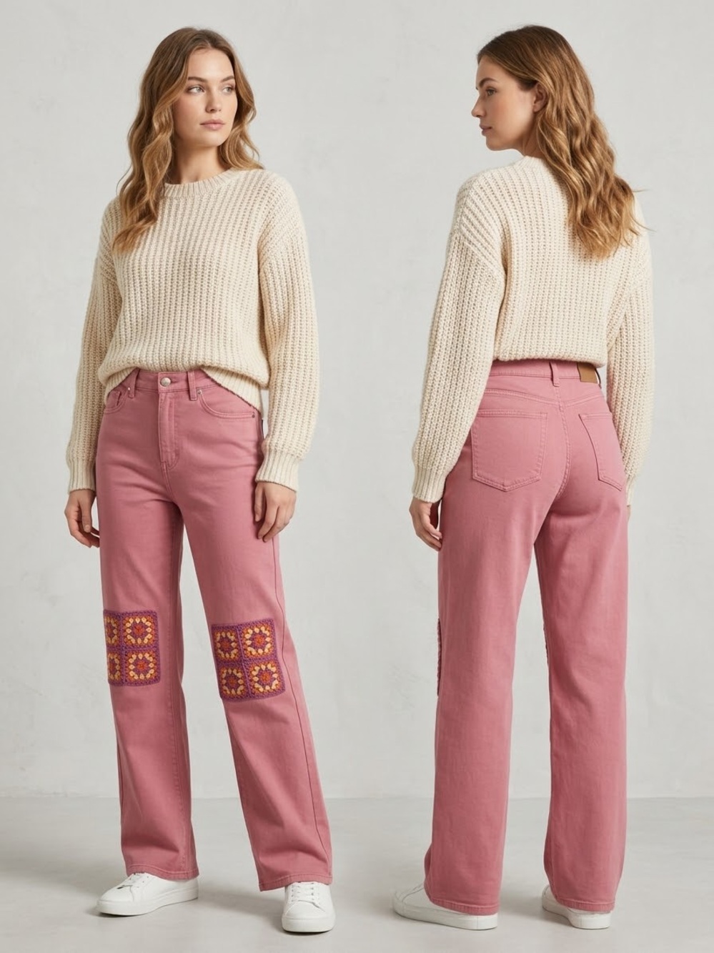 Judy Blue Rose-Pink Wide Leg Jeans with Embroidered Patchwork